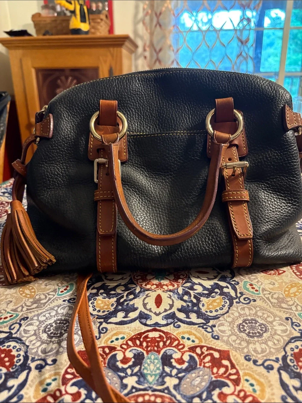 Dooney & Bourke Black and Brown Pebbled Leather Satchel with Gold Hardware